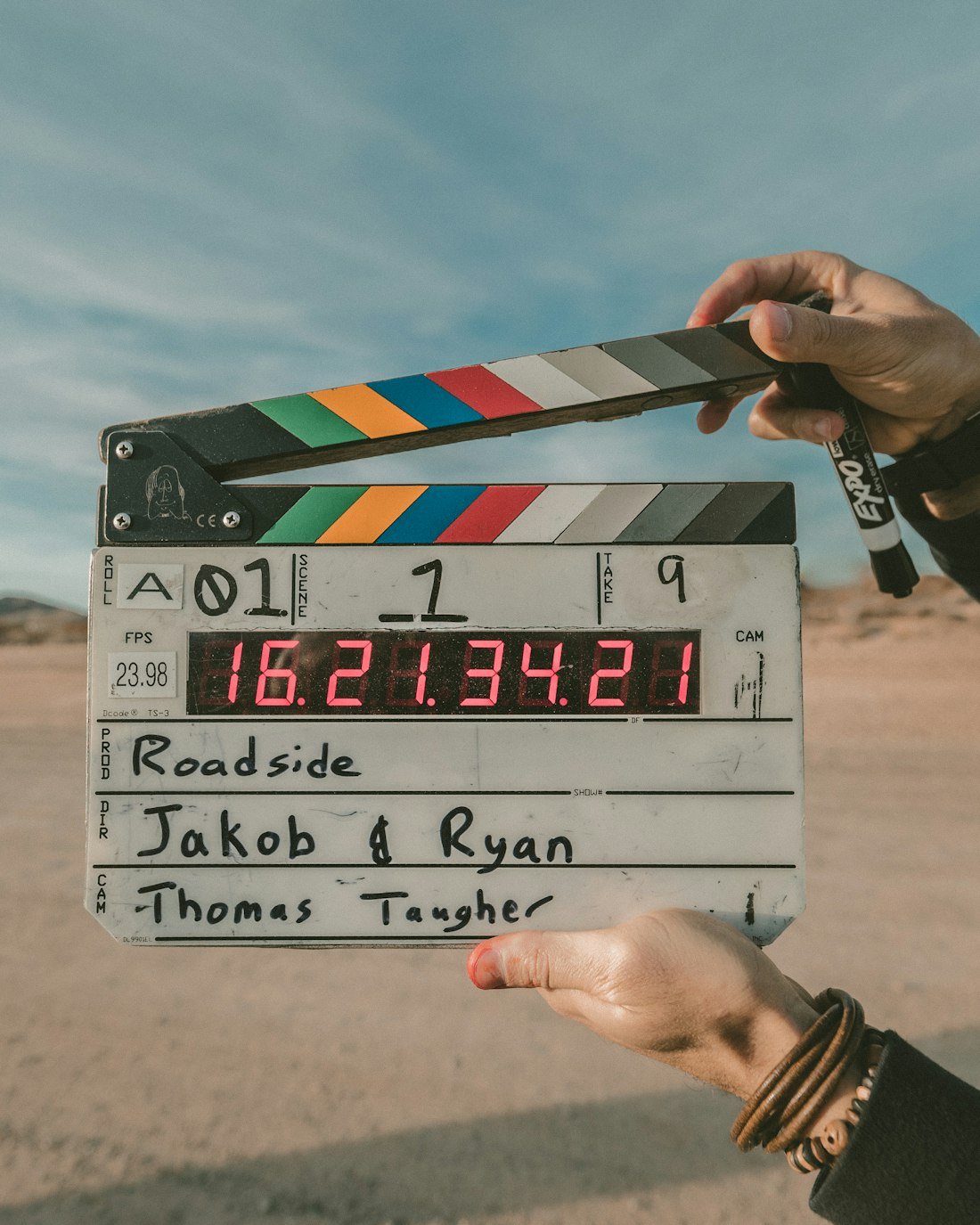 Film clapperboard on a Flying Elephant Pictures set